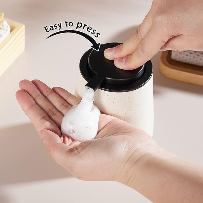 12Oz Beige Foaming Soap Dispenser Set - Ceramic Foam Hand Soap Dispenser Set with Easy-to-Press Pump, Refillable Liquid Dish Soap Dispensers for Bathroom and Kitchen, 2 Pack