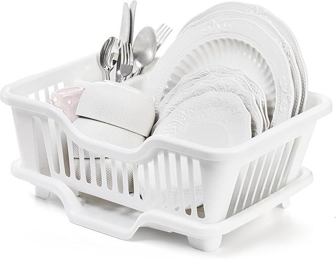 2-Piece Plastic Dish Drying Rack, Heavy Duty Sink Set Dish Rack, White Large Drainer with Attached Drainboard Utensil Cup Holders for Home Kitchen Counter Top Organizers