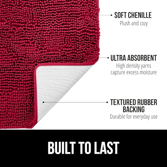 GORILLA GRIP Bath Rug Mat 30x20, Thick Soft Absorbent Chenille, Quick Dry Microfiber Mats, Rubber Backing Washable Shower Floor Rugs, US Designed Bathroom Bathmat Home Decor Accessories, Red