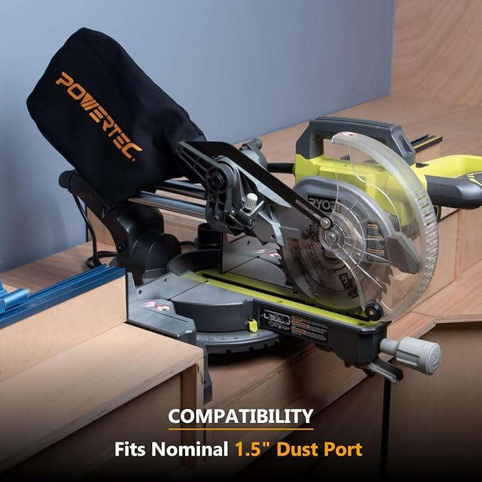 POWERTEC Miter Saw Dust Collector Bag for 7-1/4", 8-1/2" Miter Saw, Fits Nominal 1-1/2" Dust Ports, Hook and Loop Dust Bag w/Zipper, Wired Adjustable Stand Miter Saw Accessories (75081-P2)