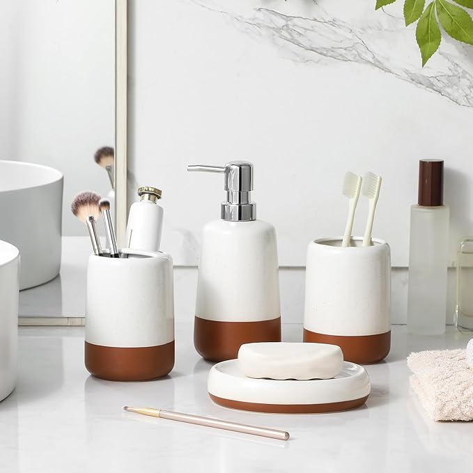 MALACASA Ceramic Bathroom Accessories Sets, 4 PCS,Soap Dispenser, Toothbrush Holder, Toothbrush Cup and Soap Dish, Durable Bathroom Sink Set for Modern Home Decor,Gift Set, Khaki White