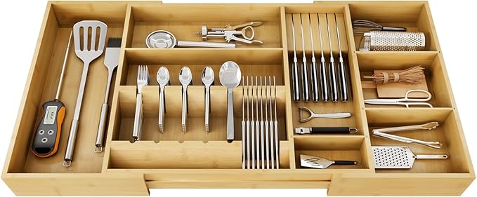 Bamboo Silverware Drawer Organizer, 17.7-29.5 Inch Expandable Large Kitchen Drawer Organizer, 5-8 Slot Flatware with Removable Card Slots & Knife Block for Spoon Butter Knive, Natural