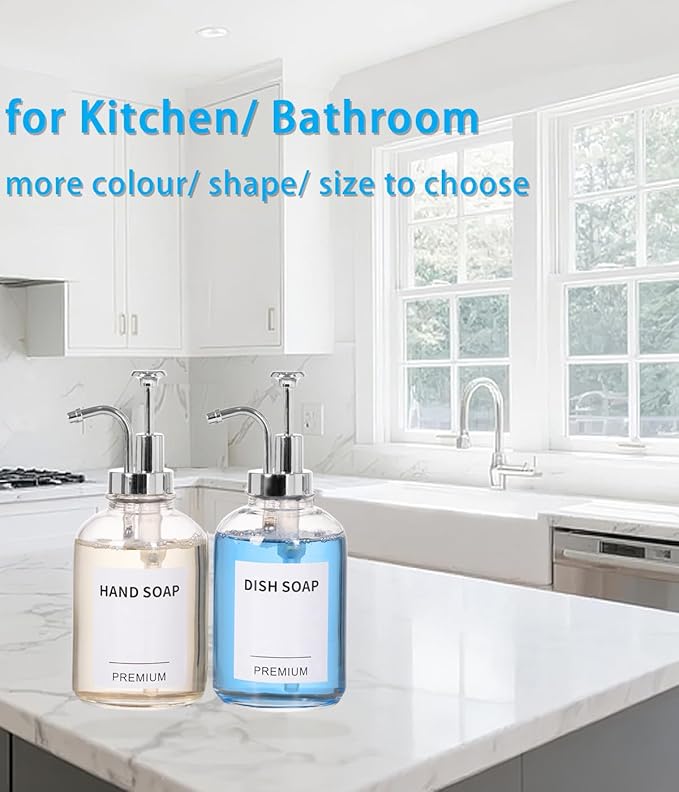 12oz Dish Soap Dispenser for Kitchen, Hand Glass Soap Dispenser Set with Pump, Tray, Funnel for Bathroom, Shower, Laundry, Liquid, Lotion (Silver 2 Pack Clear Bottles with 12 Stickers)