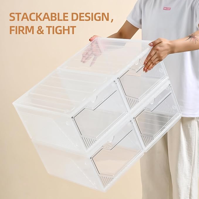Large Shoe Boxes Clear Plastic Stackable，Drop Front Shoe Box with Clear Door, Shoe Containers For Sneaker Display,Fit up to US Size12 (white clear-Conjoined structure, 10 pack)