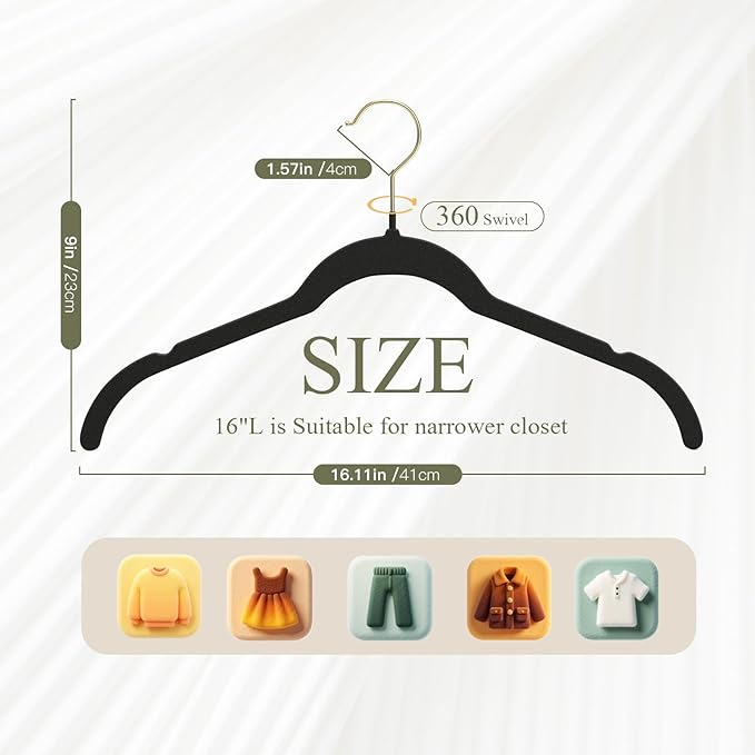 Korpai 30 Pack Black Velvet Shirt Hangers,Felt Hangers Non Slip,Heavy-Duty,Space Saving,Slim Velvet Hangers with Gold 360°Swivel Hook for Coats,Strappy Dresses,Shirts Sweater ect