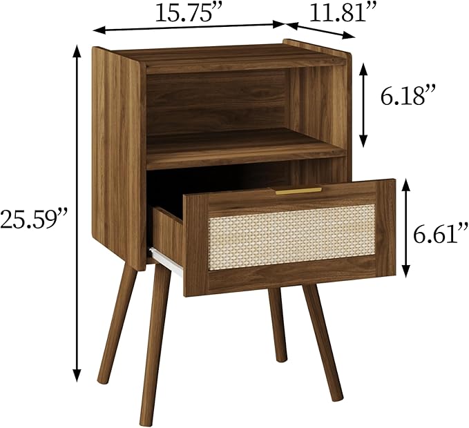 Veegle Rattan Nightstand,Modern Bedside Table with Storage Drawer and Open Wood Shelf, for Living Room, Bedroom and Small Spaces, Accent Night Stand with Solid Wood Legs, Easy Assembly,Walnut Brown