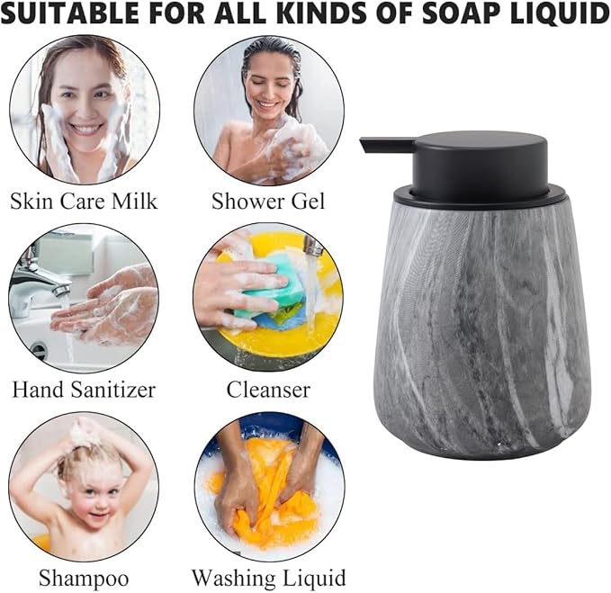 12Oz Ceramic Liquid Soap Dispenser - Modern Lotion Hand Soap Dispenser with Easy-to-Press Black Pump, Reusable and Refillable Dish Soap Dispensers for Bathroom & Kitchen, Marble Grey