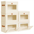 Small Fabric Storage bins - Collapsible Storage Bins with Open Window, 5 Pack Closet Baskets for Shelves, Stackable Decorative Boxes for Home, Dorm, Beige, 13.7"x 9.8" x 9.8"