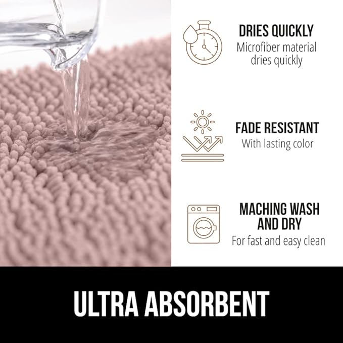 GORILLA GRIP Bath Rug Mat 30x20, Thick Soft Absorbent Chenille, Quick Dry Microfiber Mats, Rubber Backing Washable Shower Floor Rugs, US Designed Bathroom Bathmat Home Decor Accessories, Dusty Rose