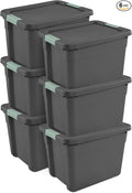Sterilite 6-Pack Latch Tote, Stackable Plastic Storage Container Bins with Lids, 12 Gallon, Gray/Green - Latching Boxes for Bedroom, Bathroom, Garage, and Office Organization