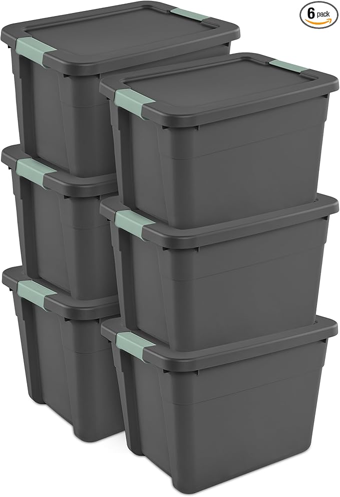 Sterilite 6-Pack Latch Tote, Stackable Plastic Storage Container Bins with Lids, 12 Gallon, Gray/Green - Latching Boxes for Bedroom, Bathroom, Garage, and Office Organization