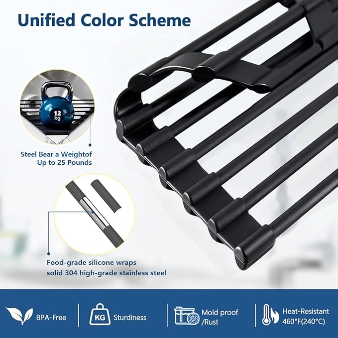 Credon Triangle Roll Up Dish Drying Rack, Foldable Anti-Slip Kitchen Sink Drainer Organizer, Silicone Coated Stainless Steel Frame, Multipurpose Over Sink Corner Caddy for Space Saving (Black)