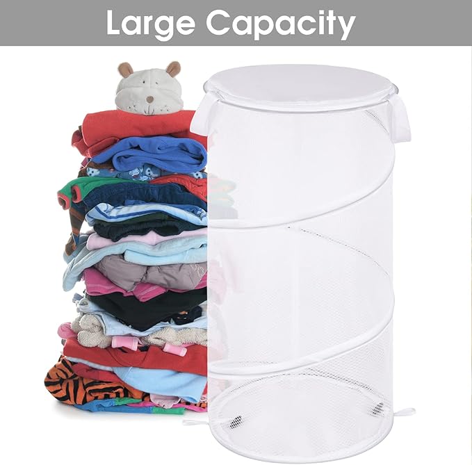 BATTOO 2 Pack Large Collapsible Laundry Basket with Lid Foldable Mesh Pop Up Hamper with Handles for Laundry Room, Bathroom, Kids Room, College Dorm, Travel, Storage Organizer Black+White