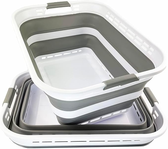 SAMMART 42L (11 Galloons) Collapsible Plastic Laundry Basket - Foldable Pop Up Storage Container/Organizer - Portable Washing Tub - Space Saving Hamper/Basket [BPA Free] (White/Grey (Set of 2))