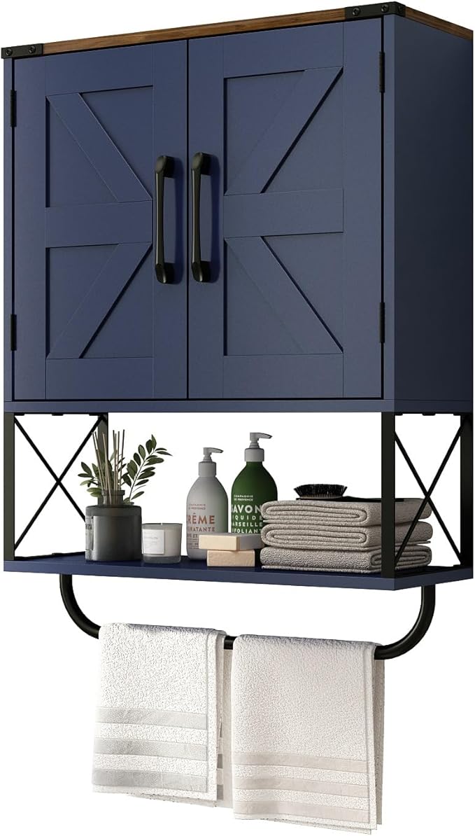 RUSTOWN Farmhouse Medicine Cabinet with 2 Barn Door, Boho Wood Wall Mounted Storage Cabinet with Adjustable Shelf and Towel Bar, 3-Tier Bathroom Cabinet for Bathroom (Navy Blue and Walnut)