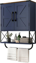 RUSTOWN Farmhouse Medicine Cabinet with 2 Barn Door, Boho Wood Wall Mounted Storage Cabinet with Adjustable Shelf and Towel Bar, 3-Tier Bathroom Cabinet for Bathroom (Navy Blue and Walnut)