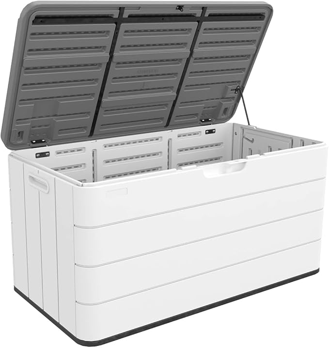 Outdoor Storage Box Waterproof, 100 Gallon Lockable Resin Deck Box Large, Patio Storage Bin for Pool Accessories Cushion Furniture, Garden Tools, UV-Resistant Outside Delivery Black&White