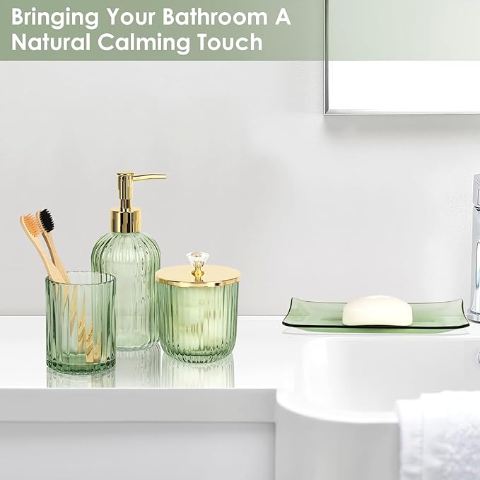 Designer Green Glass Bathroom Accessories Sets - 4 Pcs with Lotion Soap Dispenser, Bathroom Toothbrush Holder, Vanity Tray, and Apothecary Jar, Vintage Bathroom Decor, Gift Countertop Organizer