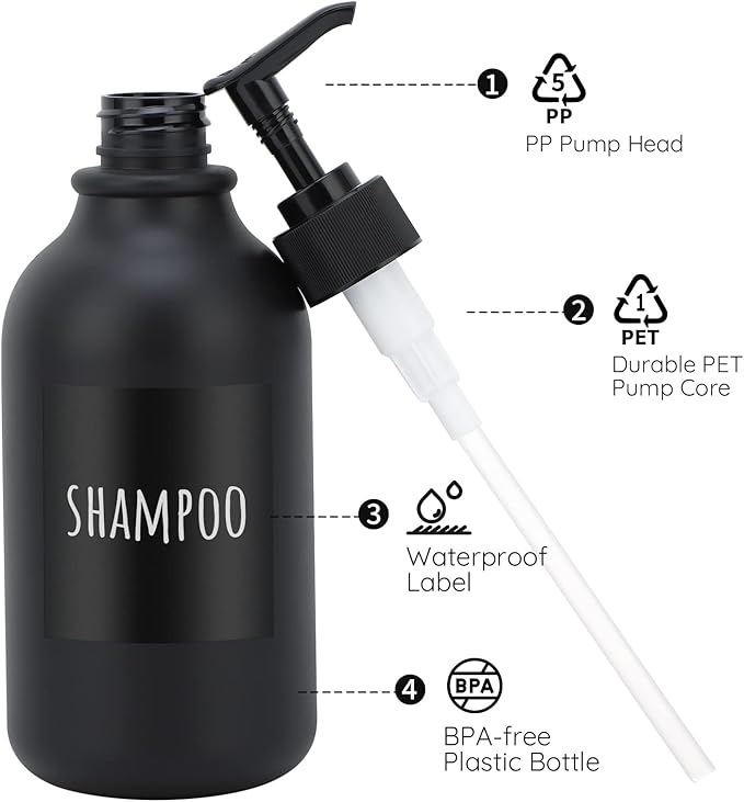 Segbeauty Matte Black Shampoo Dispenser, 2pcs 16.9oz Empty Refillable Pump Bottle with Labels, 500ml Plastic Press Lotion Dispenser Bathroom Shower Containers for Conditioner Hand Wash Gel Dish Soap