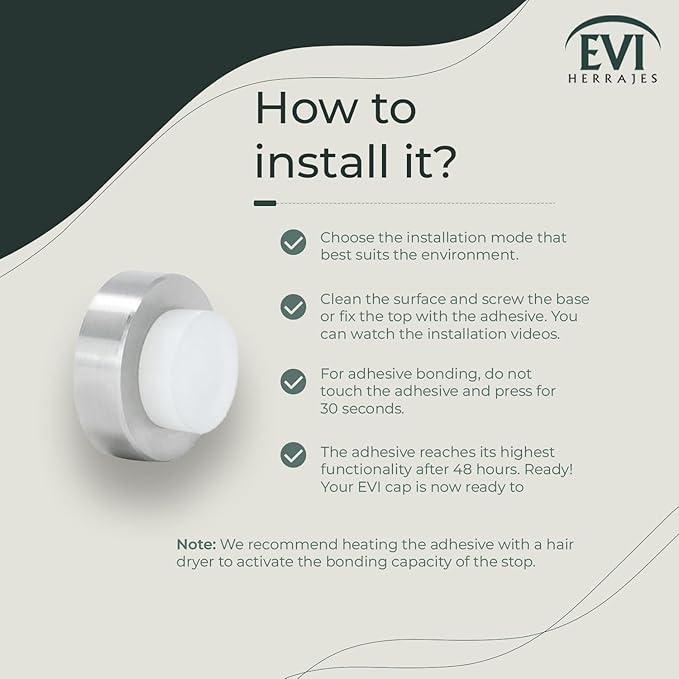 EVI | Wall Mounted Doorstop | 0.7'' x 1.37'' | Natural Silicone White Rubber | Adhesive or Screw Installation | Stainless Steel | Mod. I-254