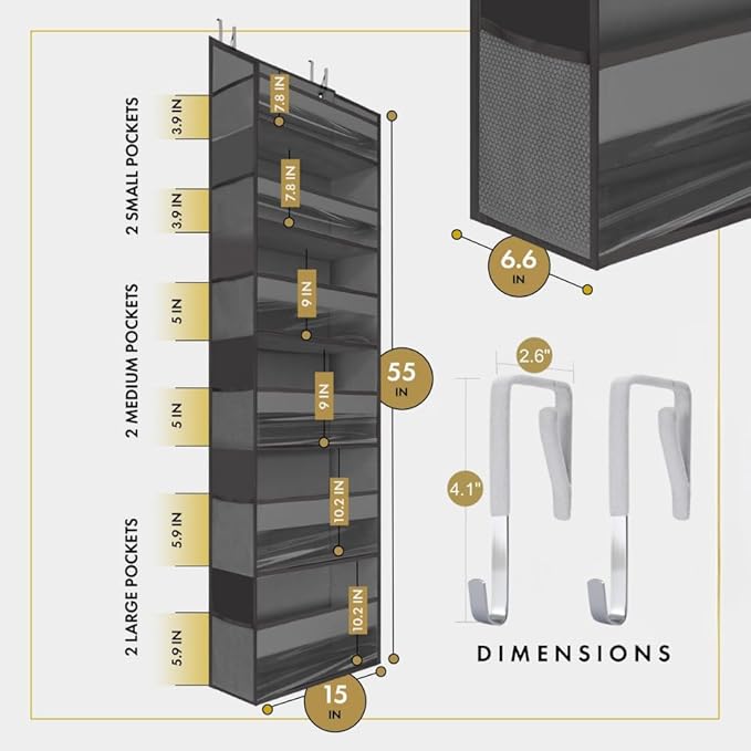 HOMELUX THEORY UPGRADED 6 Tiers Over The Door Organizer Hanging - 100D EXTRA THICK & 50lbs HUGE CAPACITY, 12 Side Mesh Pockets Over The Door Shoe Organizer, Hanging Closet Organizer (Dark Gray, 2pc)