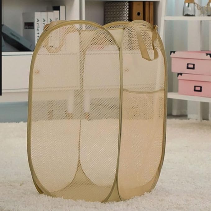 Mesh Popup Laundry Hamper, Foldable Laundry Basket Clothes Hamper for Home, Apartment, College Dorm or Travel, Collapsible for Storage, Beige