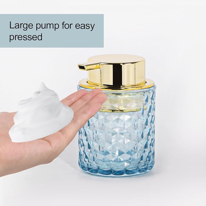 Bathroom Accessories 2 Piece Set Glass Soap Dispenser and Toothbrush Holder, 10oz Foaming Soap Dispenser, Blue Toothbrush and Toothpaste Holder Organizer Cup for Modern Bathroom Decor