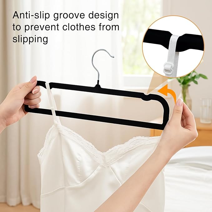30 Pack Black Velvet Pants Hangers with 30 Hooks Non Slip, Felt Trouser Hanger for Closet, Thin Space Saving Clothes Hanger, Strong, Durable, 360 Degree Rotatable Hook for Tank Top, Shorts