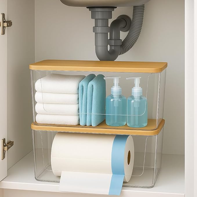 Trash Bag Holder with Bamboo Lid - Stackable Under Sink Organizer & Garbage Bag Dispenser for Kitchen Organization - Large Plastic Holder for Laundry Room, Pantry, Bathroom, Cabinets, 1 Pack