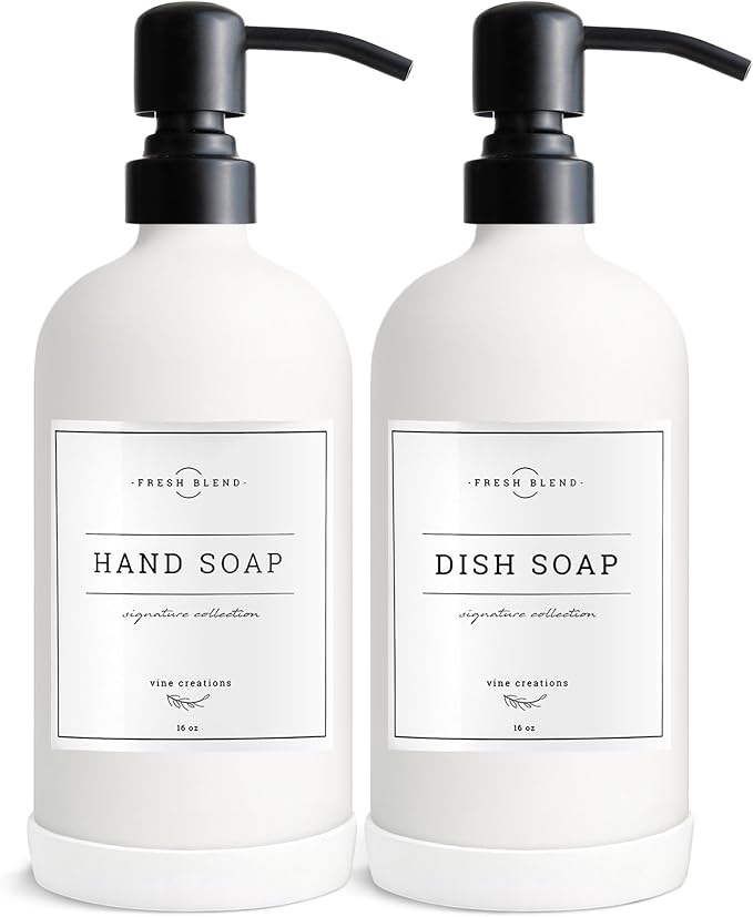 Vine Creations White Glass Soap Dispenser, 2 Pack Kitchen Soap Dispenser Set with Stainless Steel Pump, 16 oz Dish Soap and Hand Soap Dispensers for Bathroom with Waterproof Labels