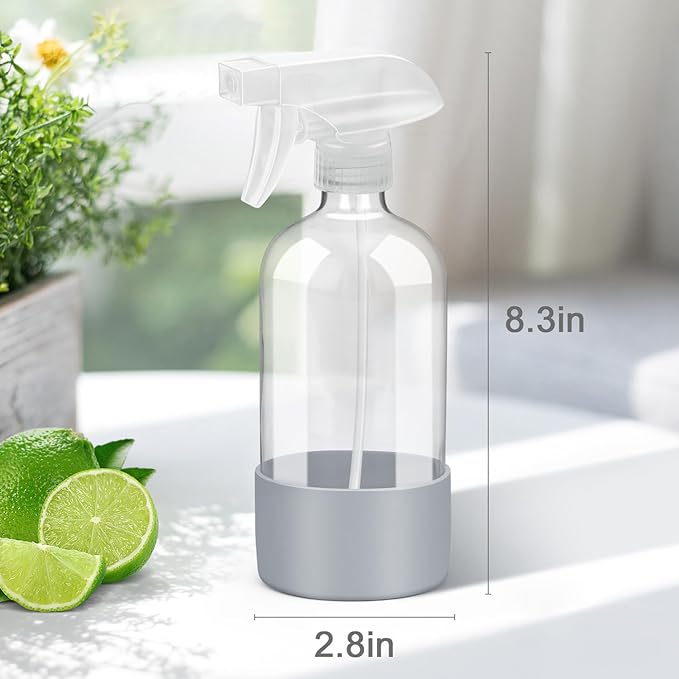 Glass Spray Bottles with Silicone Sleeve Protection, Empty 16 oz Refillable Containers, Reusable Spray Bottles with Adjustable Nozzle for Hair, Cleaning Solutions, 3 Pack Grey&Blue&Pink