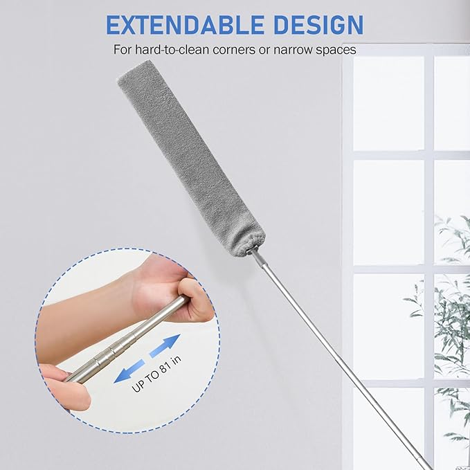 SetSail Dusters for Cleaning Retractable Gap Duster with Extension Pole 81-inch Long Handle Cleaning Tools Flat Dust Cleaner with 2 Microfiber Dusting Cloths for Under Appliances Furniture Fridge