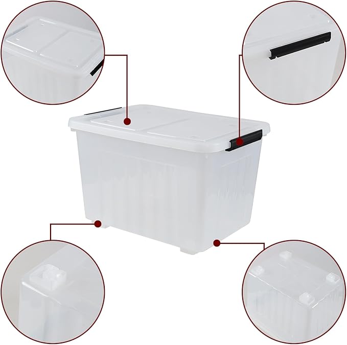 Ewingger 50 L Plastic Lidded Storage Bin, 4 Pack Clear Latching Storage Box with Wheels