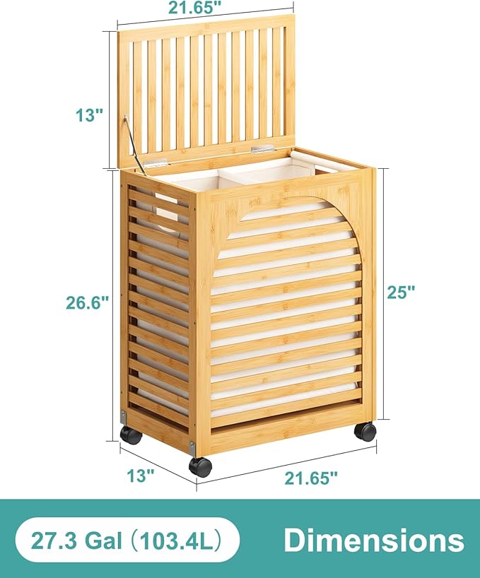 Laundry Hamper with Wheels, Large Laundry Basket with Lid, 27.3 Gallon (103.4L) Bamboo Wood Clothes Laundry Hamper 2 Section with Handles, Removable Liner