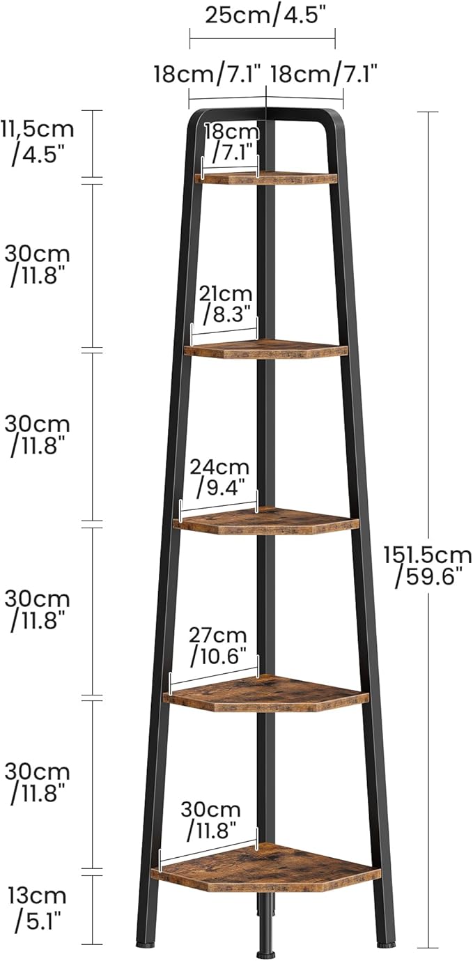 Corner Shelf, 5-Tier Ladder Corner Shelf, Ladder Bookshelf, 59.6" Tall Vertical Display Stand, Metal Frame Bookshelf, for Living Room, Bedroom, Kitchen, Rustic Brown and Black TCJ20BF