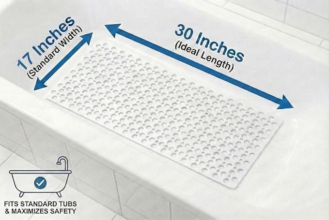 Mantto Nonslip Bath Tub Shower Mat with Suction Cups, Extra Soft TPE Bath Mat for Kids, Bathtub Bathroom Mats, Machine Washable, Smooth/Non-Textured Tubs Only, 30L x 17W Inch(White)