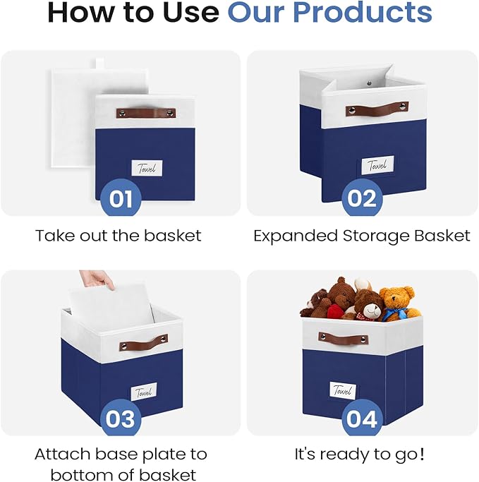 6-Pack Storage Cubes with Handles & Label Holders Basket, Closet Cube Home Organizer Bins(White/Blue, 10.5 * 10.5 * 11 inch)