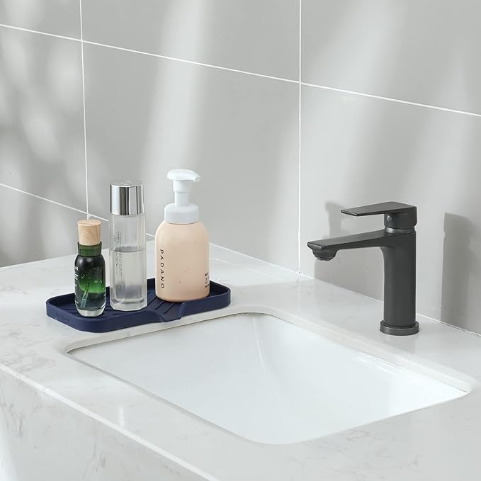 MicoYang Silicone Bathroom Soap Dishes with Drain Spout-Kitchen Sink Organizer,Sponge Holder,Dish Soap Tray,Perfect for Dispenser,Scrubber,Bottle,Cup on Sink or Counter-Navy Blue 9.6"×5.3"
