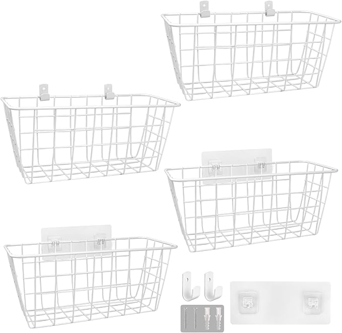 Wire Hanging Wall Basket, 4 White Baskets Set Adhesive Wall Mount Organizer for Pantry Kitchen RV Bathroom Cabinet Storage Organization