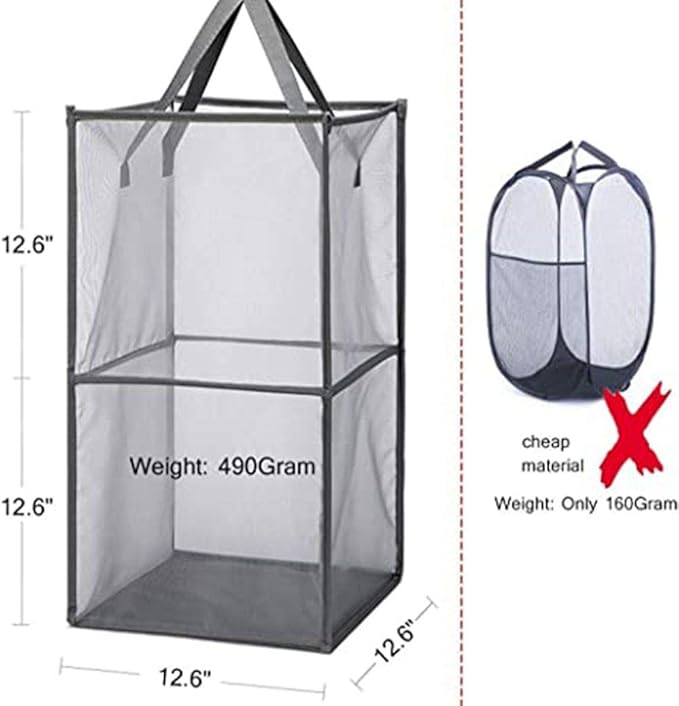 Pop Up Laundry Baskets - Mesh Collapsible Laundry Hampers Storage with Handle - Foldable for Washing Storage, Great for The Kids Room, College Dorm, Travel Organizer (Grey/Double Layer)