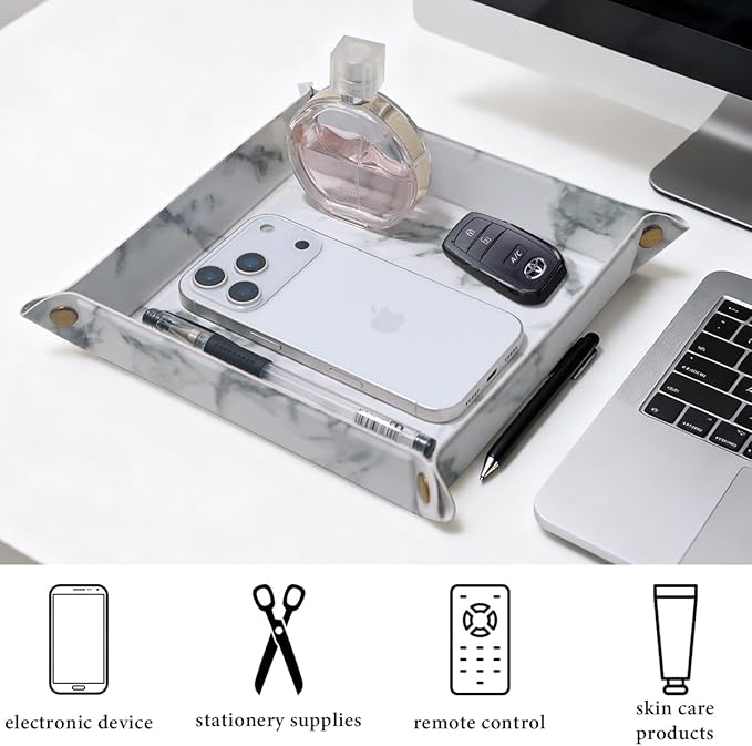 WAYIFON Valet Tray Desktop Storage Organizer – Premium PU Leather Catchall Bedside Vanity Tray Nightstand Caddy Holder for Remote Controller, Keys, Phone, Wallet, Coin, Jewelry,Marble White