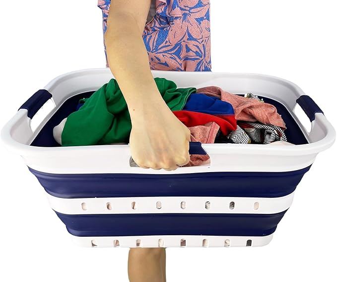 SAMMART 42L (11 gallon) Collapsible Plastic Laundry Basket - Foldable Pop Up Storage Container/Organizer - Space Saving Hamper/Basket (1, White/Starry Blue)