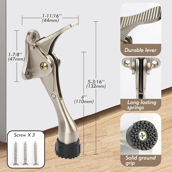 Kickdown Door Stopper 4Inches - One Packs One Touch Adjustable Height Door Stop for The Bottom of Door The Bottom of Door Aluminum Alloy Metal Door Stopper with Rubber Tip Satin Nickel