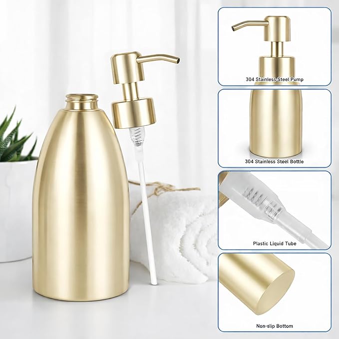 304 Stainless Steel Soap Dispenser 16oz Rust-Proof Liquid Soap Pump Bottle for Kitchen or Bathroom Countertop Hand Dish Lotion Leak-Proof (Champagne Gold)