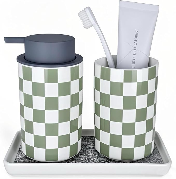 Bathroom Toothbrush Holder Set, Ceramic Soap Dispenser and Tooth Brush Holder Set, Modern Bathroom Accessories Sets Countertop, Checkered Bathroom Decor, Sage Green Bathrooms Decorative