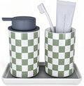 Bathroom Toothbrush Holder Set, Ceramic Soap Dispenser and Tooth Brush Holder Set, Modern Bathroom Accessories Sets Countertop, Checkered Bathroom Decor, Sage Green Bathrooms Decorative