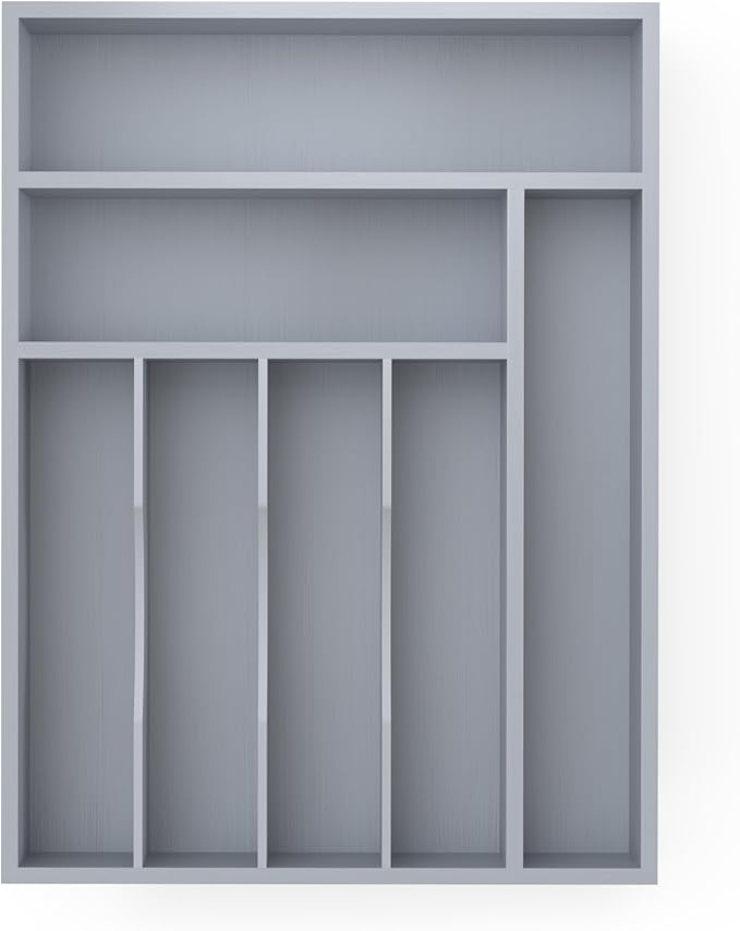 Bamboo Silverware Organizer, Kitchen Drawer Organizer, Utensil Holder, Cutlery Tray & Spoon Flatware Storage with Grooved Drawer Dividers (7 Slots, Grey)