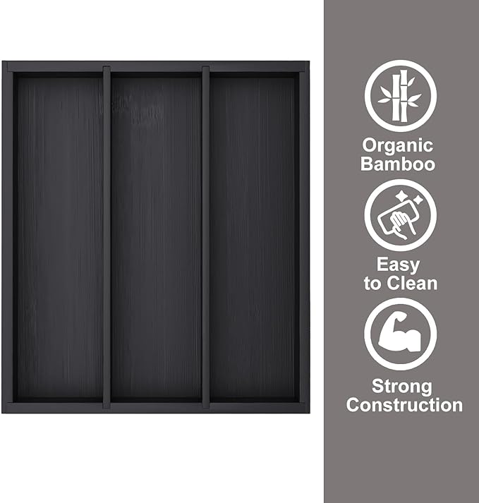 Silverware Organizer Bamboo Kitchen Drawer Organizer, Flatware Organizer Tray for Kitchen, Flatware, Utensils（Black）
