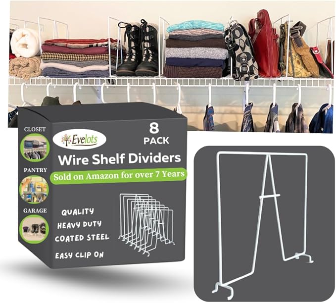 Evelots Tall Wire Shelf Dividers -8 Pack- Closet Storage & Organization for Office/Pantry/Garage Shelf Separator - Easy Clip-No Tool - Solid Coated Steel