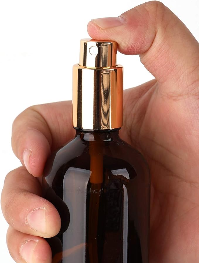 Foraineam 9 Pack 100ml / 3.4 oz. Amber Glass Spray Bottle with Atomizer, Fine Mist Spray, Refillable Container for Perfume, Cleaning Products, Essential Oils